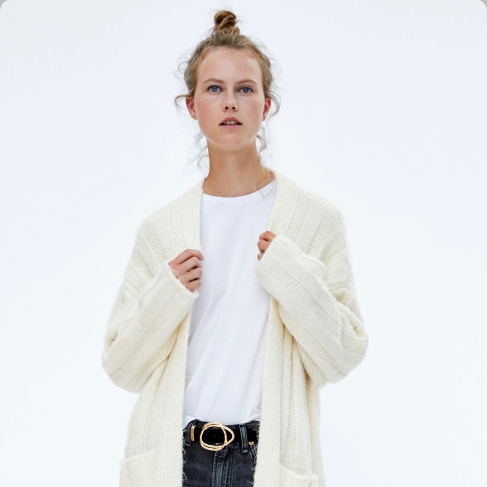 Zara White Ribbed Cardigan With Pockets - Picture 3 of 3